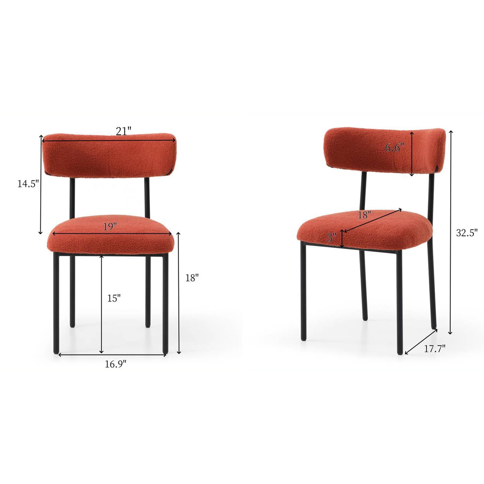 Dining Chairs Set Of 2,Round Upholstered Sherpa Fabric Dining Room Chairs With Curved Backrest,Mid Century Modern Accent Chairs With Black Metal Adjustable Legs For Dining Room,Living Room,Kitchen Orange Foam Teddy