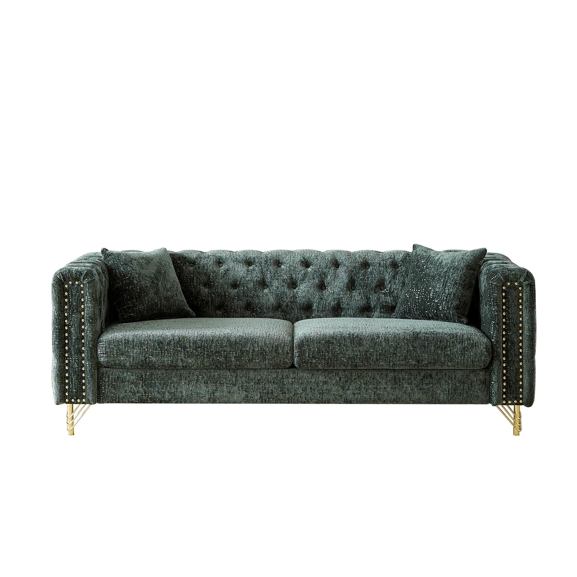 82 Inch Chenille Pull Buckle Design Sofa For Living Room,Buttons Tufted With Copper Nail Decoration Armrest, Modern Couch Upholstered Button And Metal Legs Green Foam Chenille 3 Seat