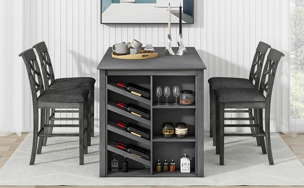 Updated Counter Height 5 Piece Solid Wood Dining Table Set, 59*35.4Inch Table With Curved Wine Rack And 4 Upholstered Chairs, Grey Wood Dining Room Solid Wood Rubberwood Rectangular Dining Table With Chair Wood Wood Grey Solid Back Seats 4 Farmhouse 4