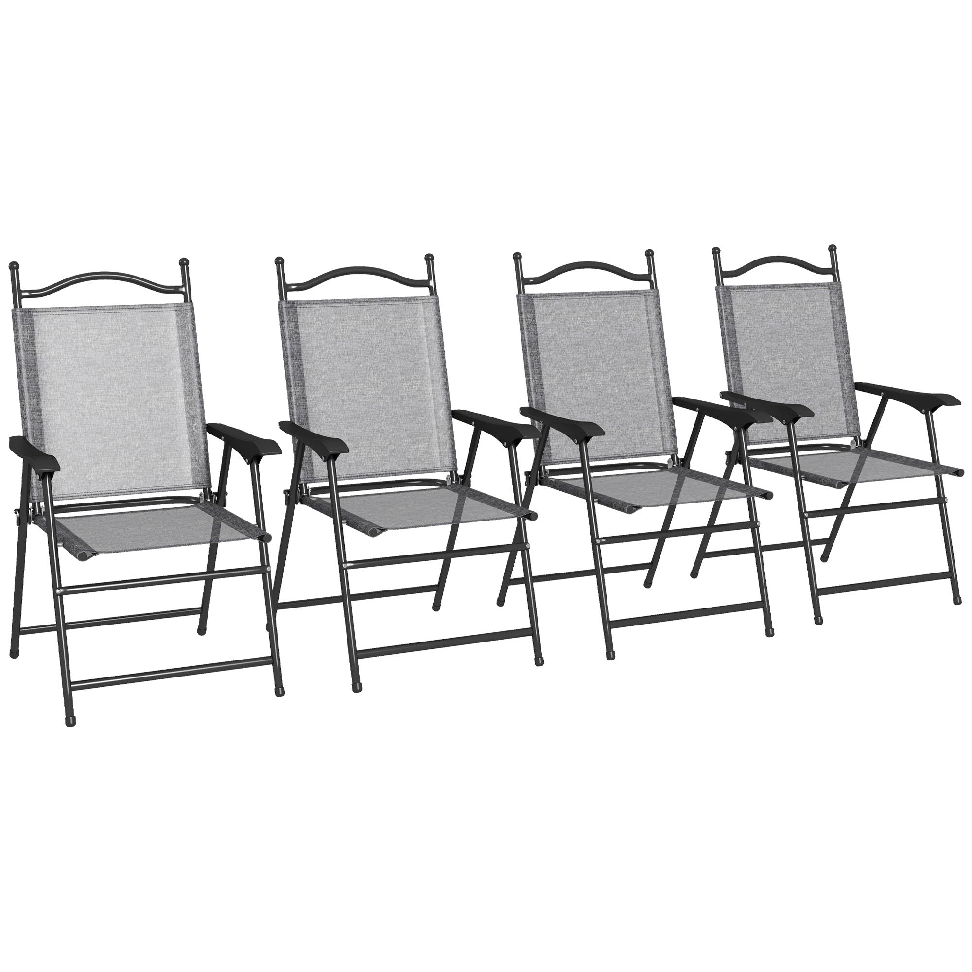 Outsunny Folding Patio Chairs, Set Of 4 Sports Chairs For Adults, Camping Chairs With Armrests,Mesh Fabric Seat For Lawn, Gray Gray Metal