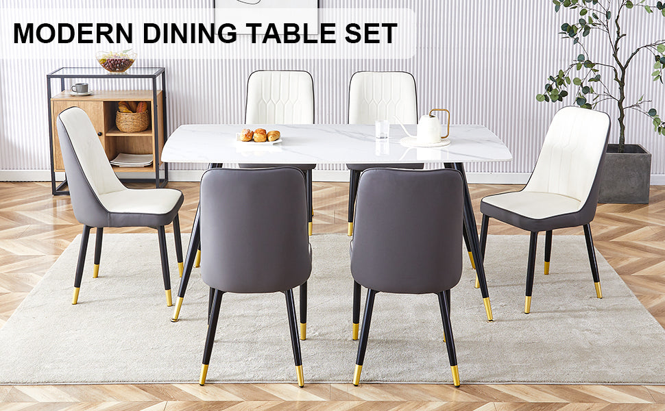 Modern Minimalist Dining Table. White Imitation Marble Pattern Sintered Stone Desktop With Black Metal Legs.Modern Dining Chair With Pu Artificial Leather Backrest Cushion And Black Metal Legs.F 001 Black Gold Sintered Stone