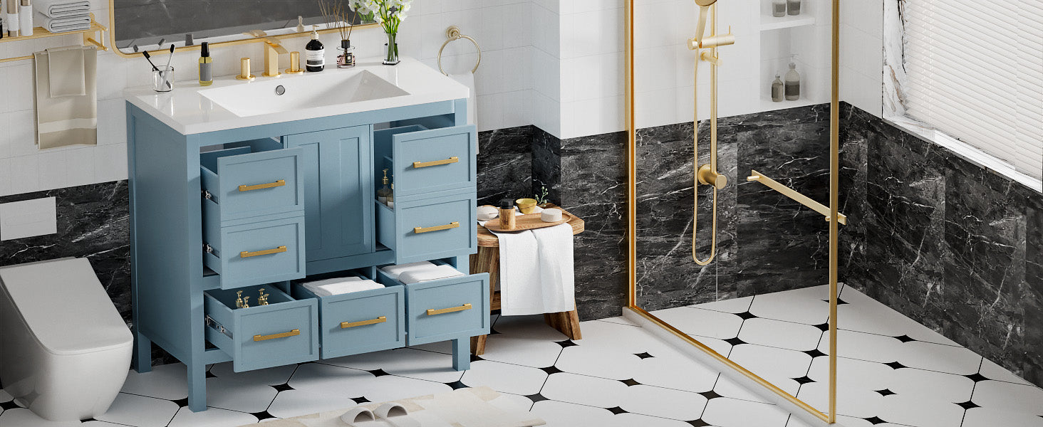 36'' Bathroom Vanity With Resin Sink Combo, Solid Wood Frame Bathroom Storage Cabinet, Freestanding Vanity Set With 5 Drawers& Soft Closing Doors Same As N710S136002M Blue Bathroom Solid Wood Mdf Resin