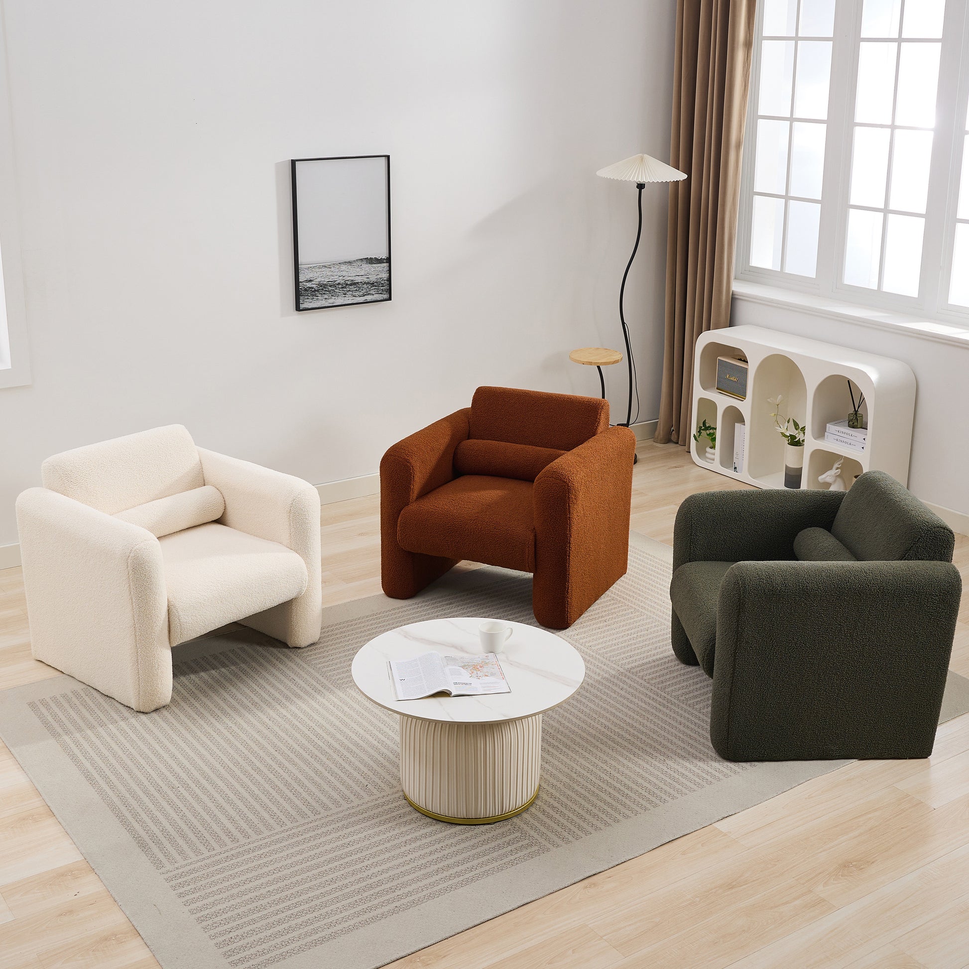 Modern Accent Chair Lambskin Sherpa Fabric Upholstered Comfy Reading Arm Chair Soft Padded Armchair With Back And Pillow For Living Room Bedroom Reception Waiting Room Office, Cream Cream Primary Living Space Upholstered