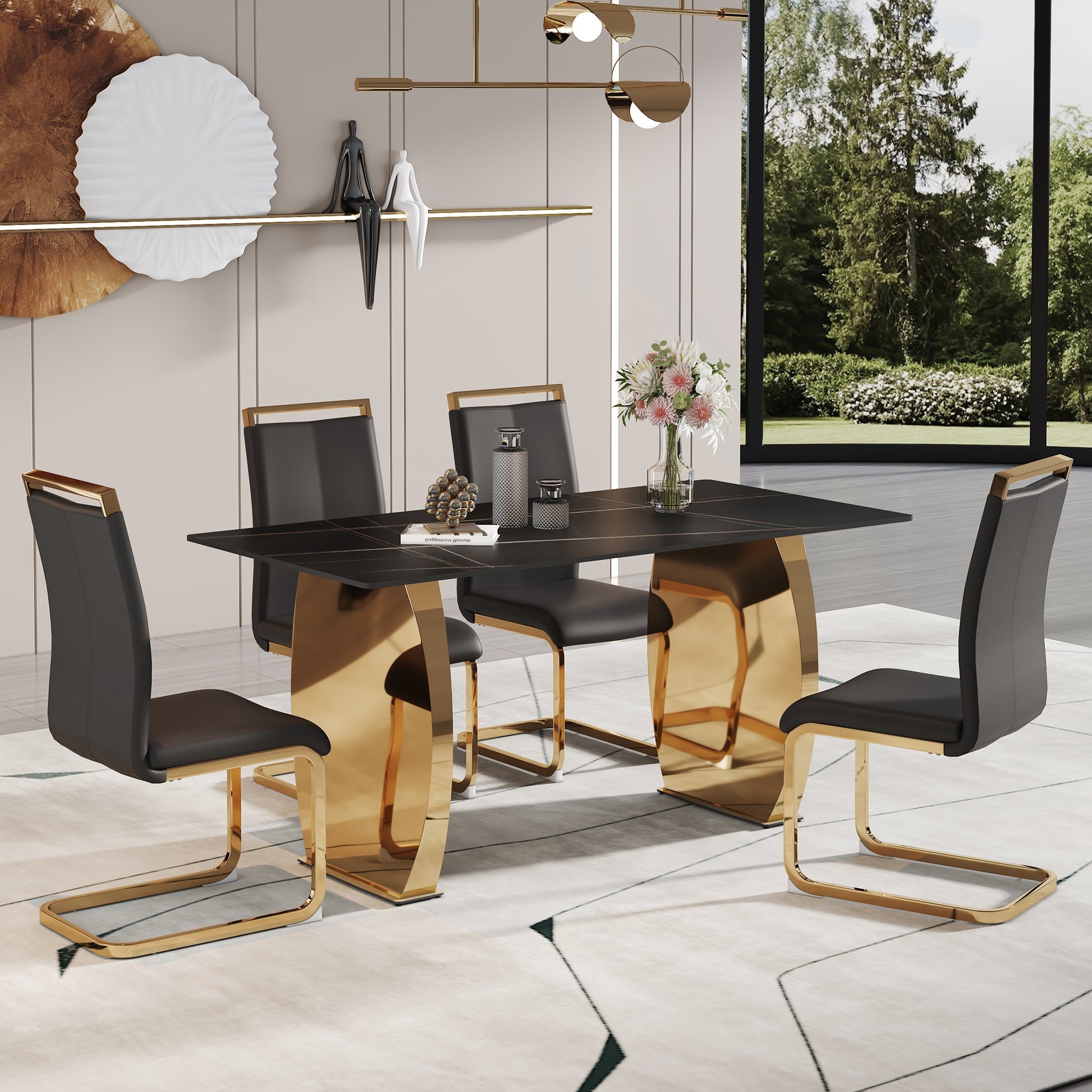 Table And Chair Set,Modern Rectangular Table With 0.4 Inch Black Patterned Tabletop And Gold Legs, Suitable For Kitchen, Dining Room, And Living Roomcomfortable Pu Seats,Perfect For Dinner, Meet Black Seats 4 Sintered Stone