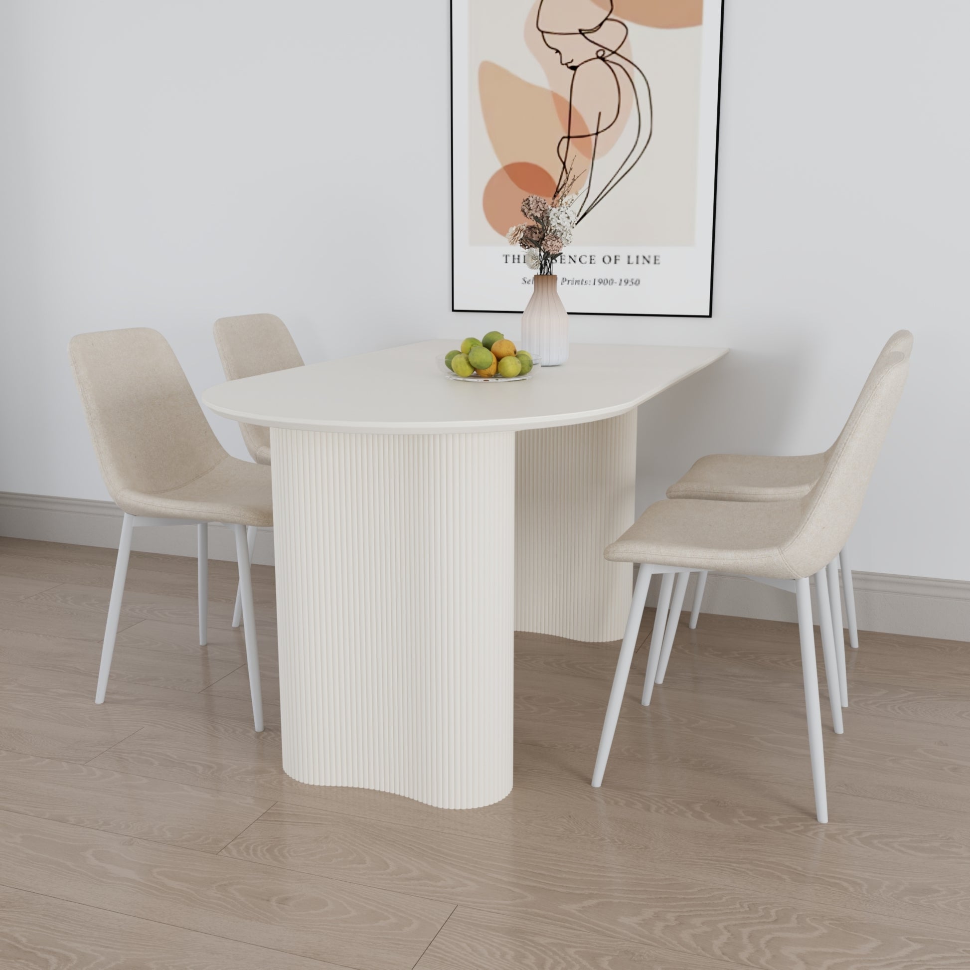 63 "Mdf Cream Style Coffee Table And Modern Dining Chair 4 Piece Set, Modern Fashion Kitchen Table Set, Round Wave Table Legs, Dining Table And Linen Chair Beige White Mdf