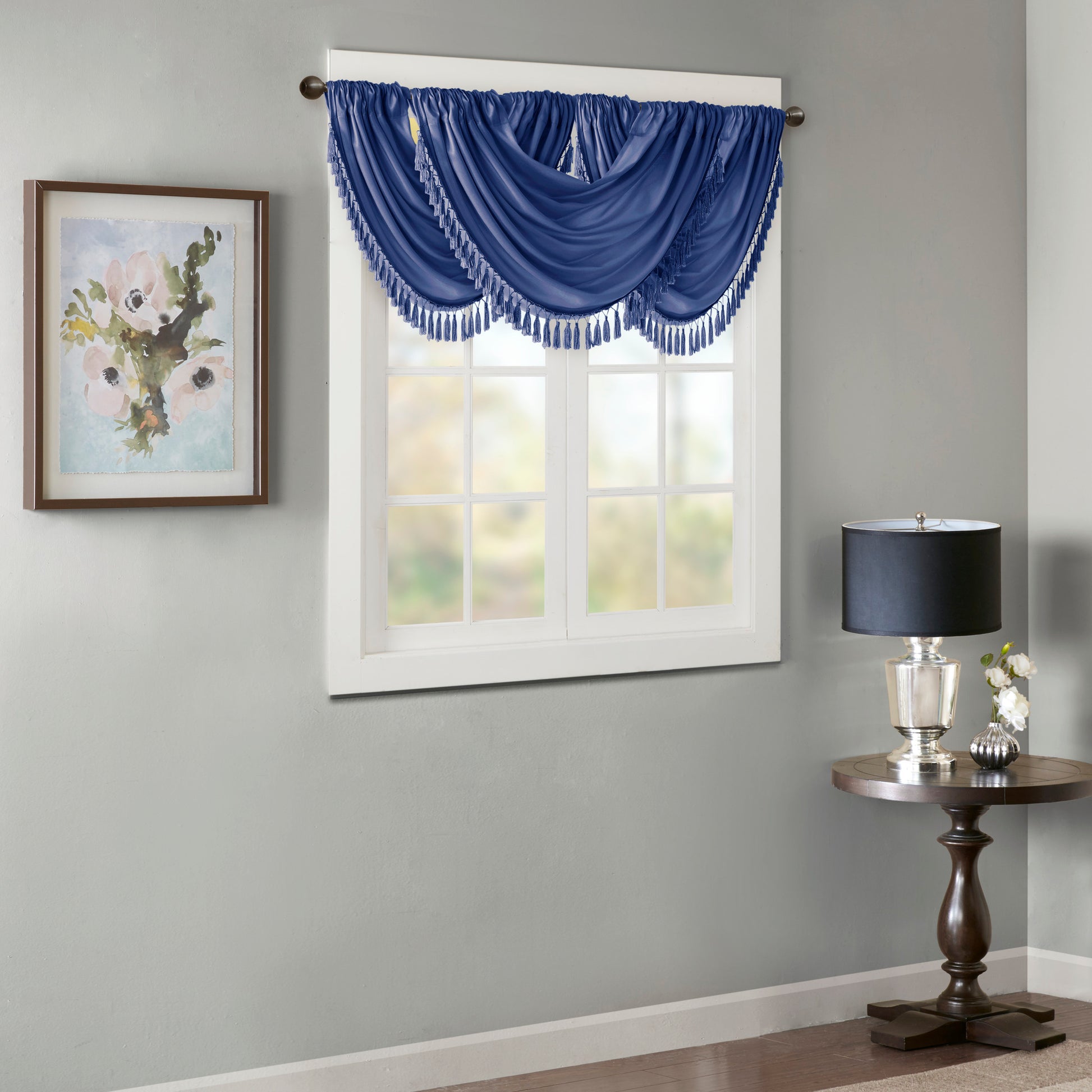 Faux Silk Waterfall Embellished Valance Navy 38X46" Navy Polyester