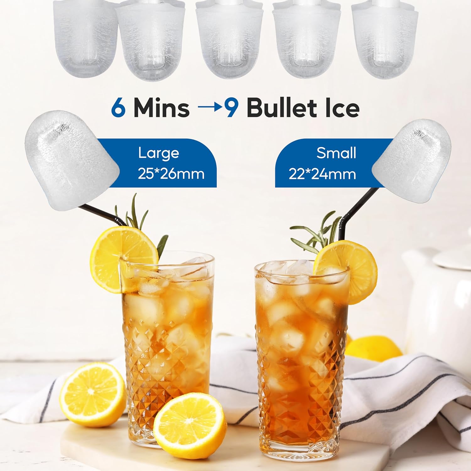Countertop Ice Maker Machine, Fast Making 9 Ice Cubes In 6 Minutes, Self Cleaning With Scoop, Basket & Handle, 26.5Lbs 24Hrs, 2 Sizes Bullet Ice, Portable For Kitchen, Office, Party, Black Black