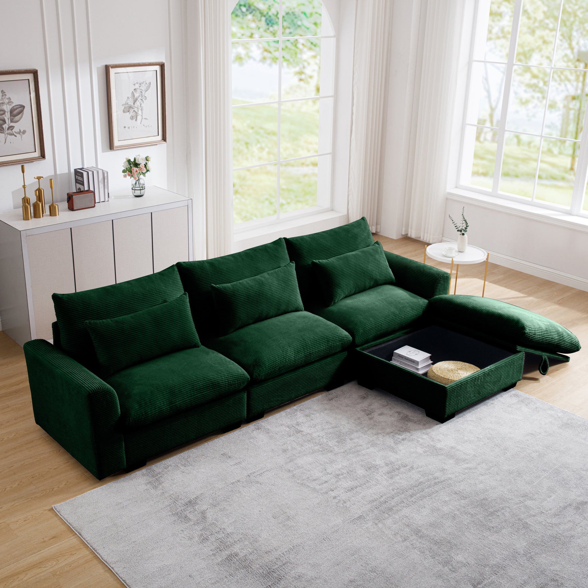Corduroy Sectional Sofa, L Shaped Couch With Storage Footstool And 3 Pillow, Sectional Couch For Living Room Apartment, Green Green Corduroy 3 Seat