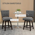 Homcom Counter Height Bar Stools Set Of 2, Fabric Tufted Swivel Barstools 26.5 Inch Seat Height With Rubber Wood Legs And Footrest For Dining Room, Kitchen, Pub, Grey Dark Grey Rubber Wood