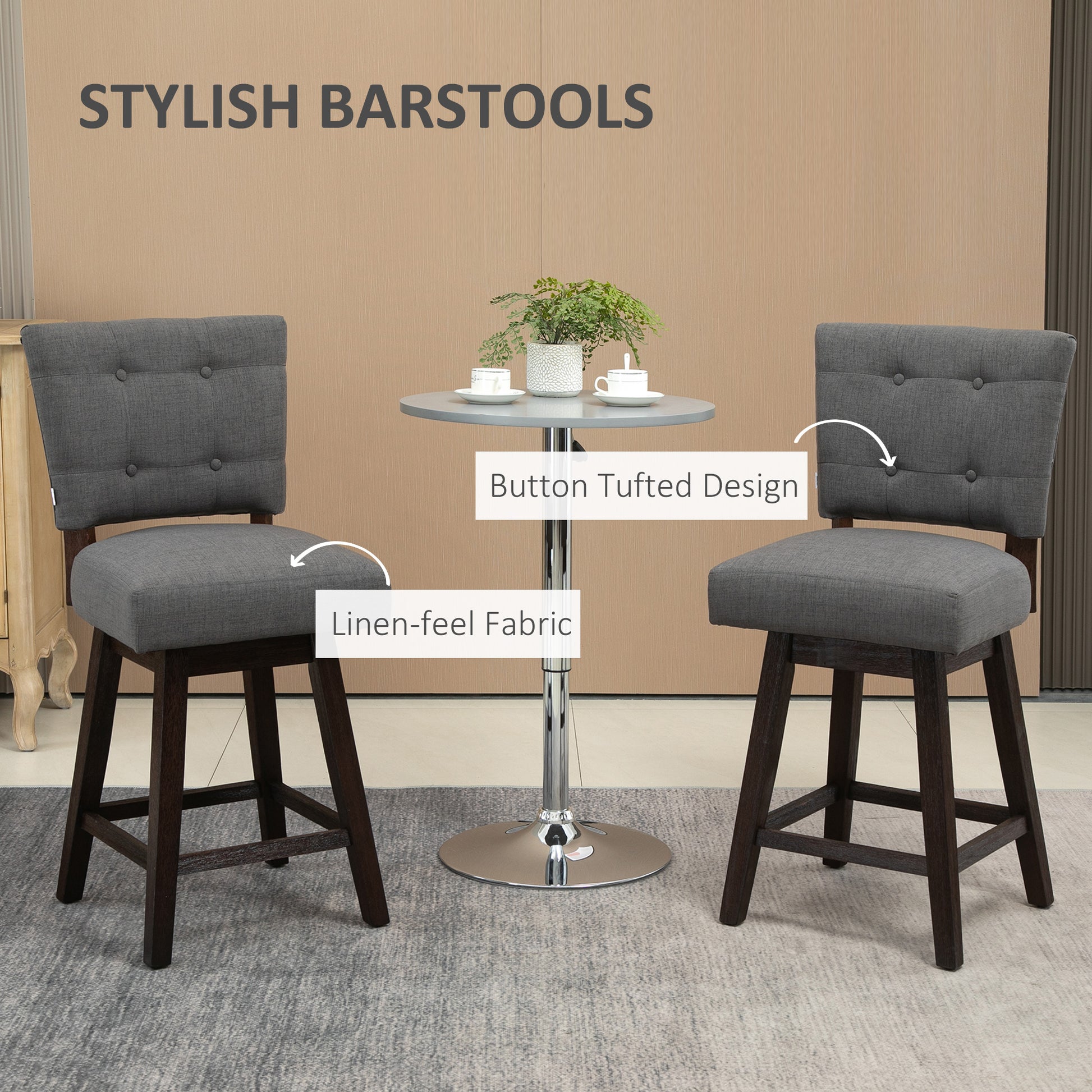 Homcom Counter Height Bar Stools Set Of 2, Fabric Tufted Swivel Barstools 26.5 Inch Seat Height With Rubber Wood Legs And Footrest For Dining Room, Kitchen, Pub, Grey Dark Grey Rubber Wood