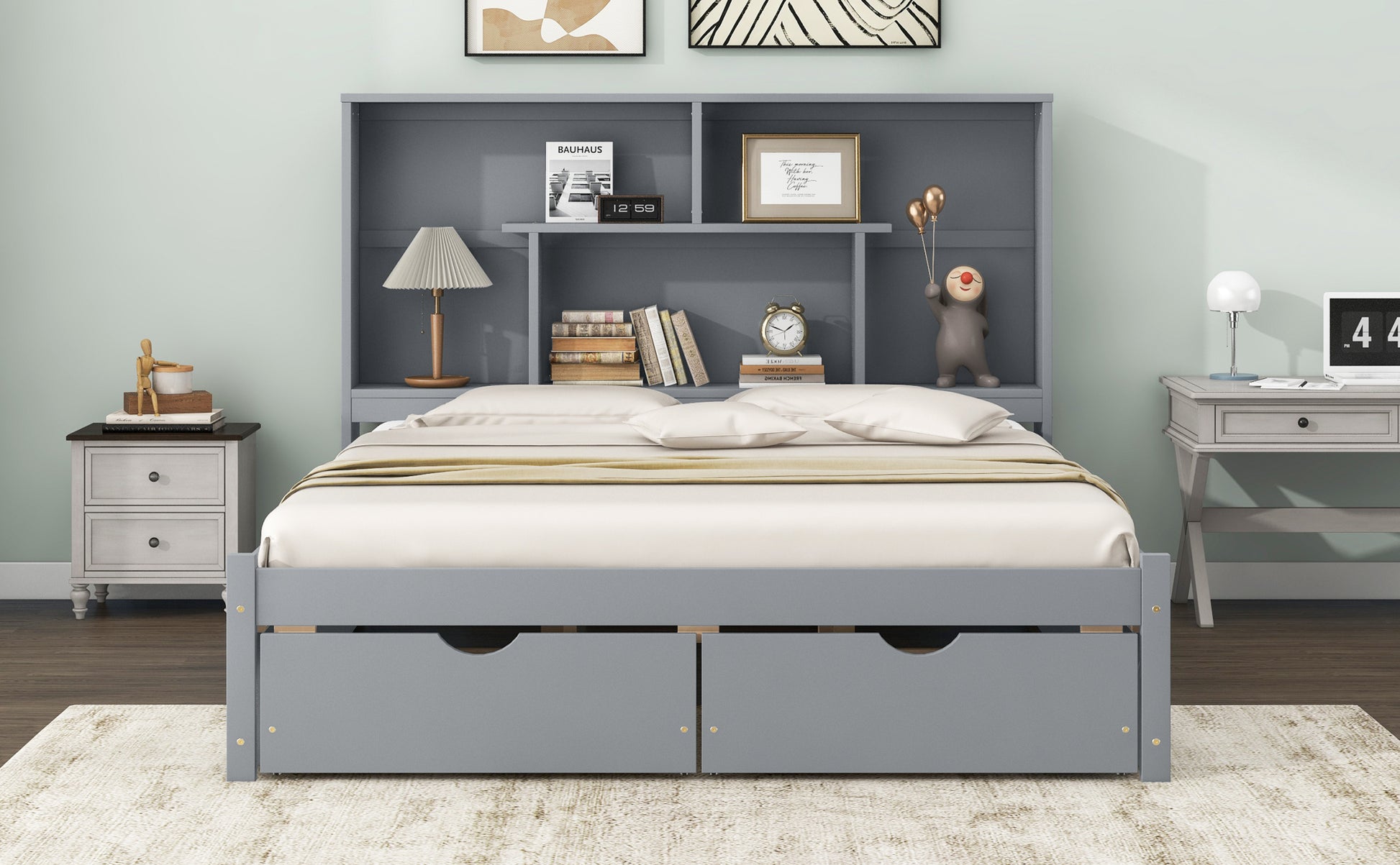 Queen Size Platform Bed With Storage Headboard And 2 Drawers, Gray Box Spring Not Required Queen Gray Wood Bedroom Bed Frame Solid Wood Mdf