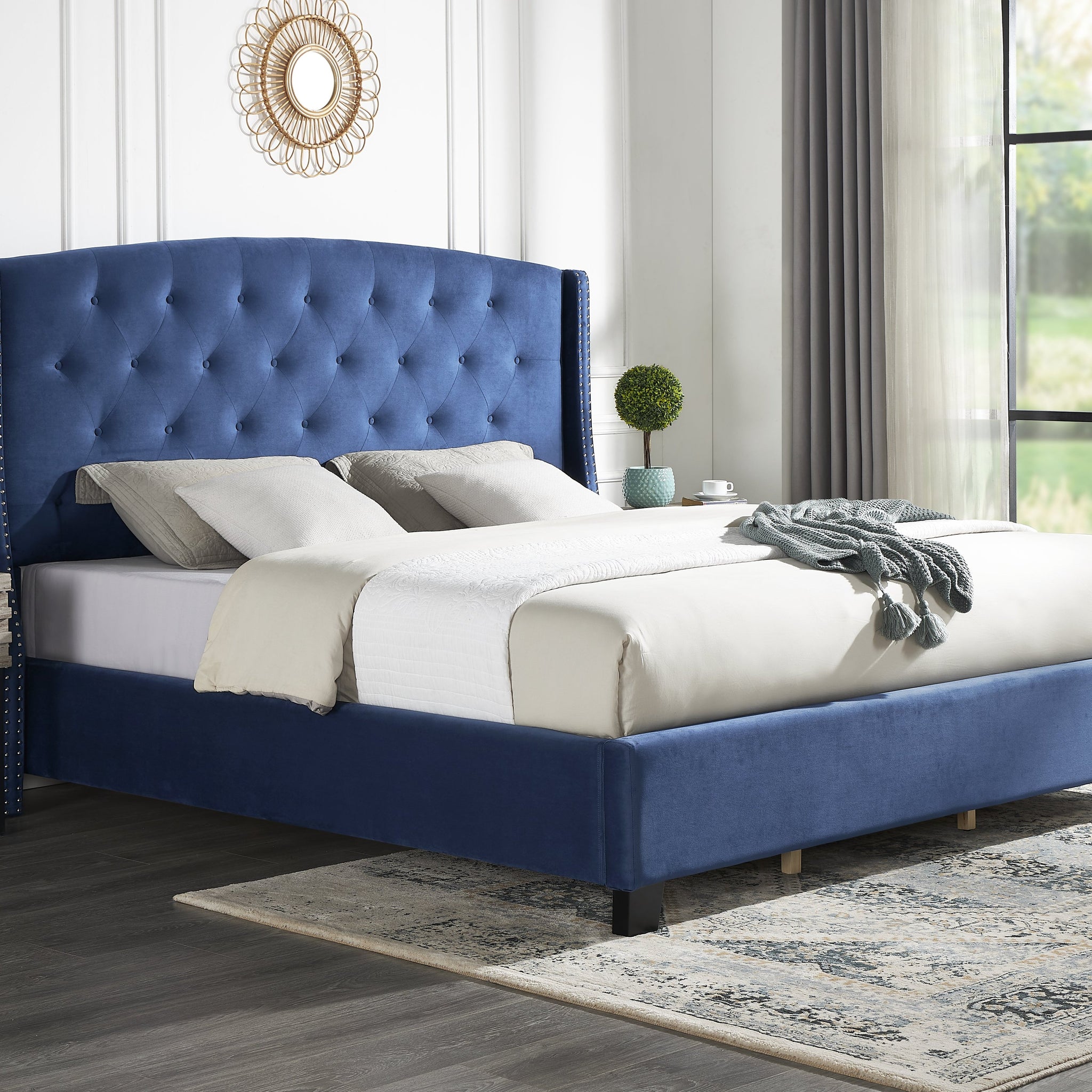 Summit Fabric Button Tufted Wingback Upholstered Bed With Nail Head Trim, Blue Box Spring Required Queen Blue Gray Wood Bedroom Contemporary Bed Frame Wood Polyester Engineered Wood