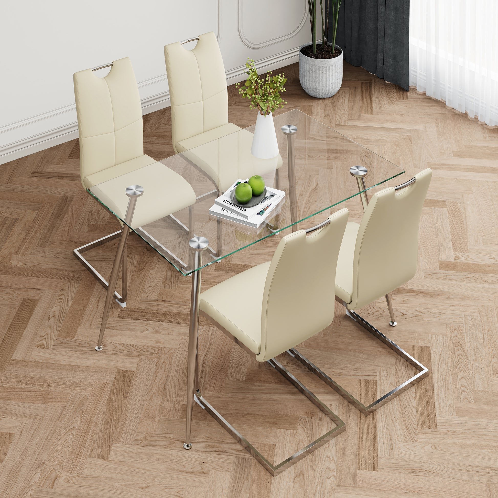 Modern Simple Rectangular Glass Dining Table, Solid Tempered Glass Tabletop, Electroplated Table Legs, Light Yellow Pu Dining Chair Set, Suitable For Restaurant Kitchen Use Set Of 5 Upholstered Chair Glass Light Yellow Seats 4 Metal Rectangular Dining