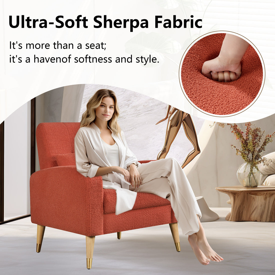 Mid Century Modern Accent Chair, Upholstered Armchair Living Room Chair, Comfy Single Sofa Chair With Metal Legs, Polyester Fabric Chair For Living Room Bedroom Red Sherpa