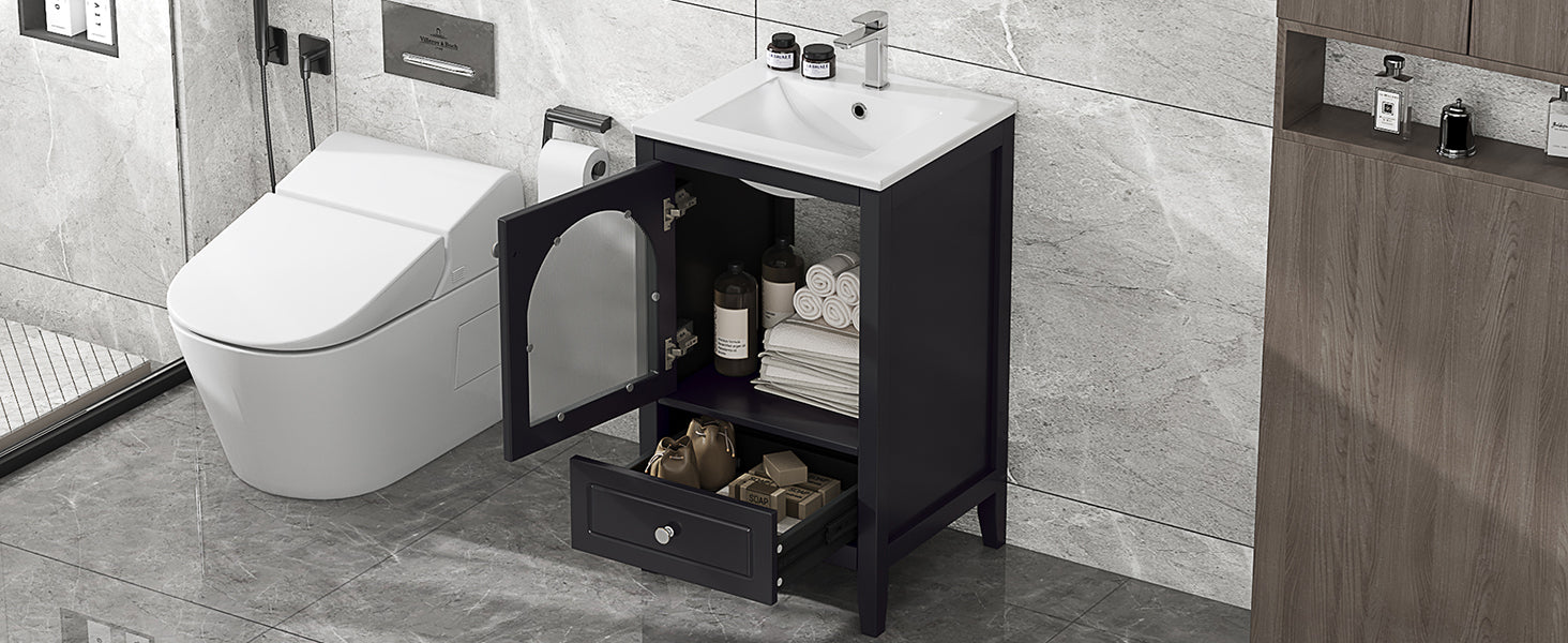 20" Bathroom Vanity With Sink, Bathroom Cabinet With Soft Closing Glass Door, A Drawer, Black Black Mdf