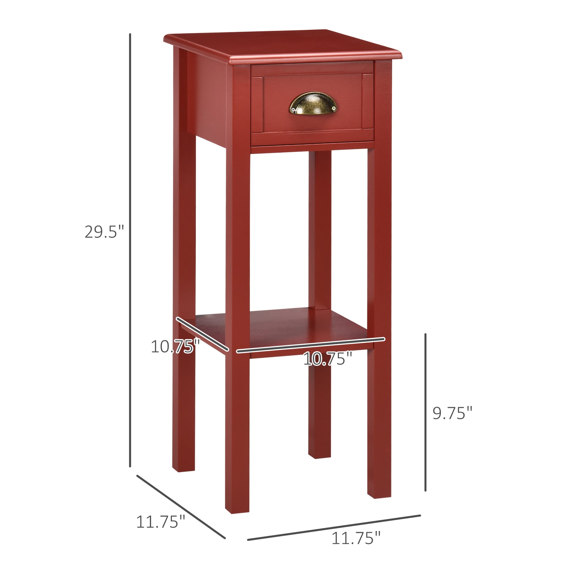 Homcom 2 Tier Side Table With Drawer, Narrow End Table With Bottom Shelf, For Living Room Or Bedroom, Red Red Mdf