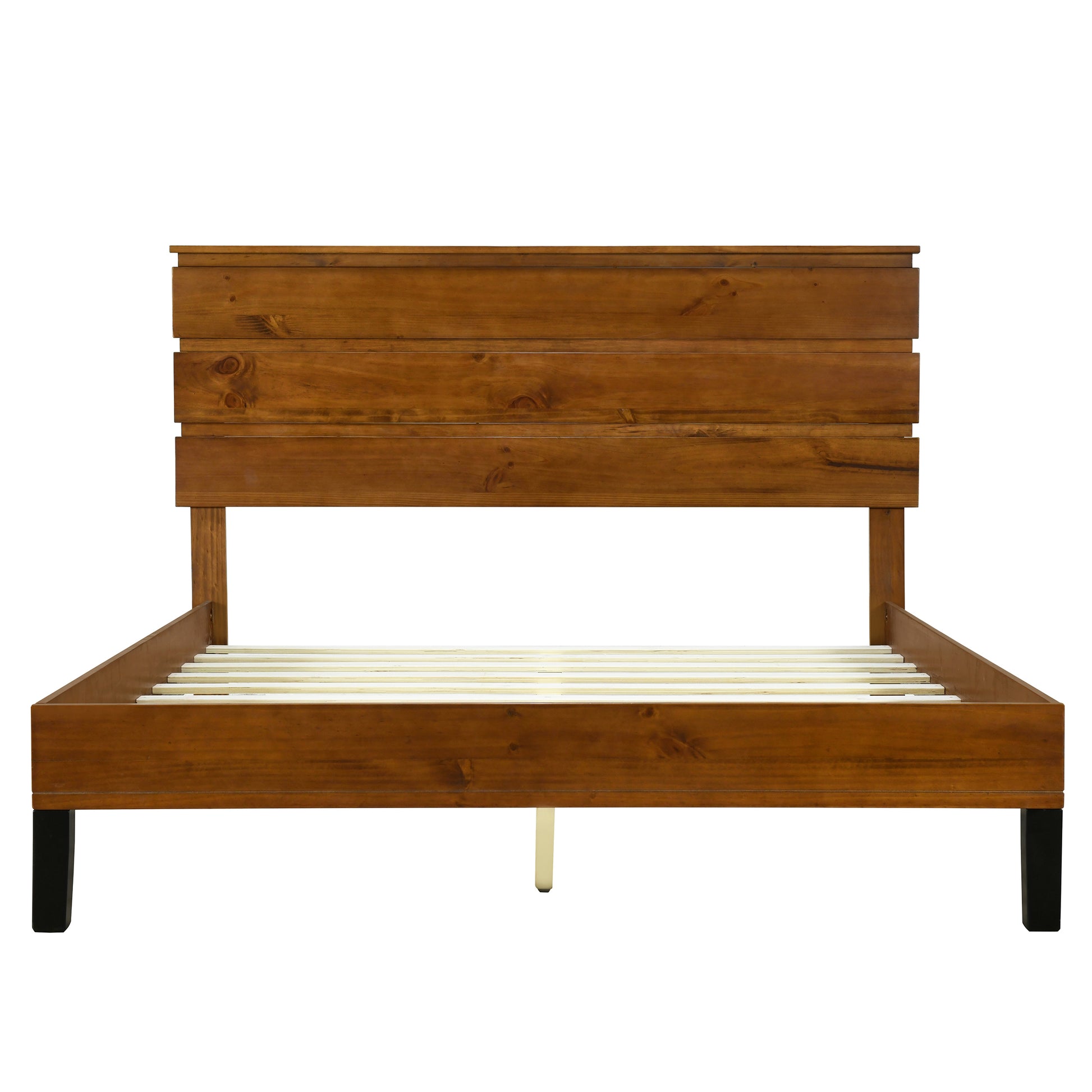 Mid Century Modern Solid Wood Bed Frame Full Size Platform Bed With Three Piece Headboard Design, No Box Spring Needed, Brown Full Brown Pine