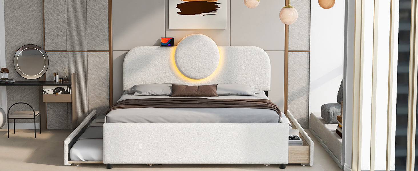 Queen Size Upholstered Platform Bed With Multi Functional Headboard, Trundle And 2 Drawers, White Box Spring Not Required Queen White Wood Bedroom Upholstered