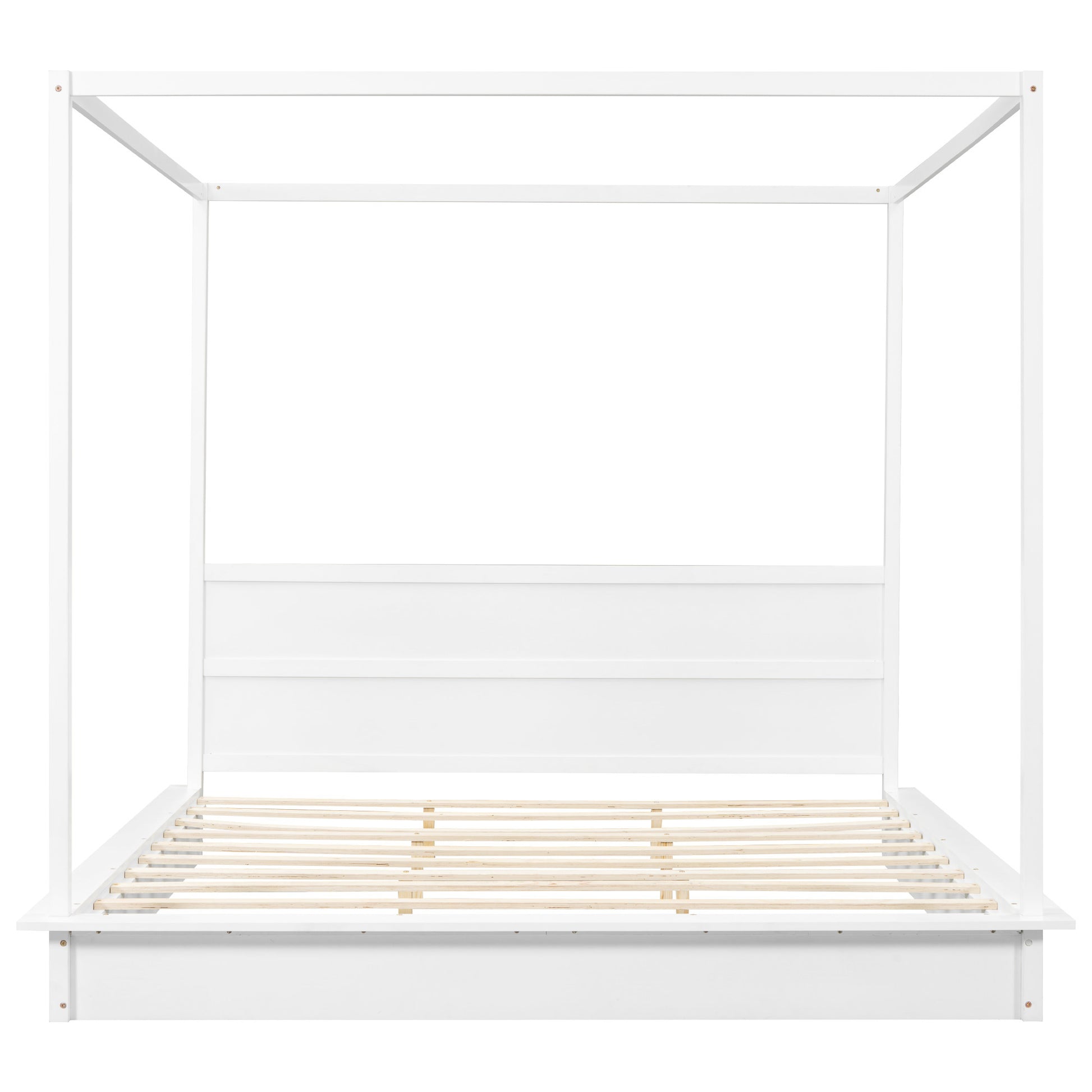 King Size Wood Led Canopy Bed ,Canopy Platform Bed With Support Slats, No Box Spring Needed, Whitekig King White Plywood