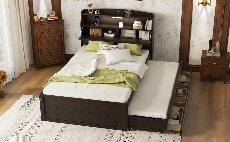Full Size Wooden Led Platform Bed With Trundle, With Storage Headboard, With Drawers, Brown Full Brown Plywood