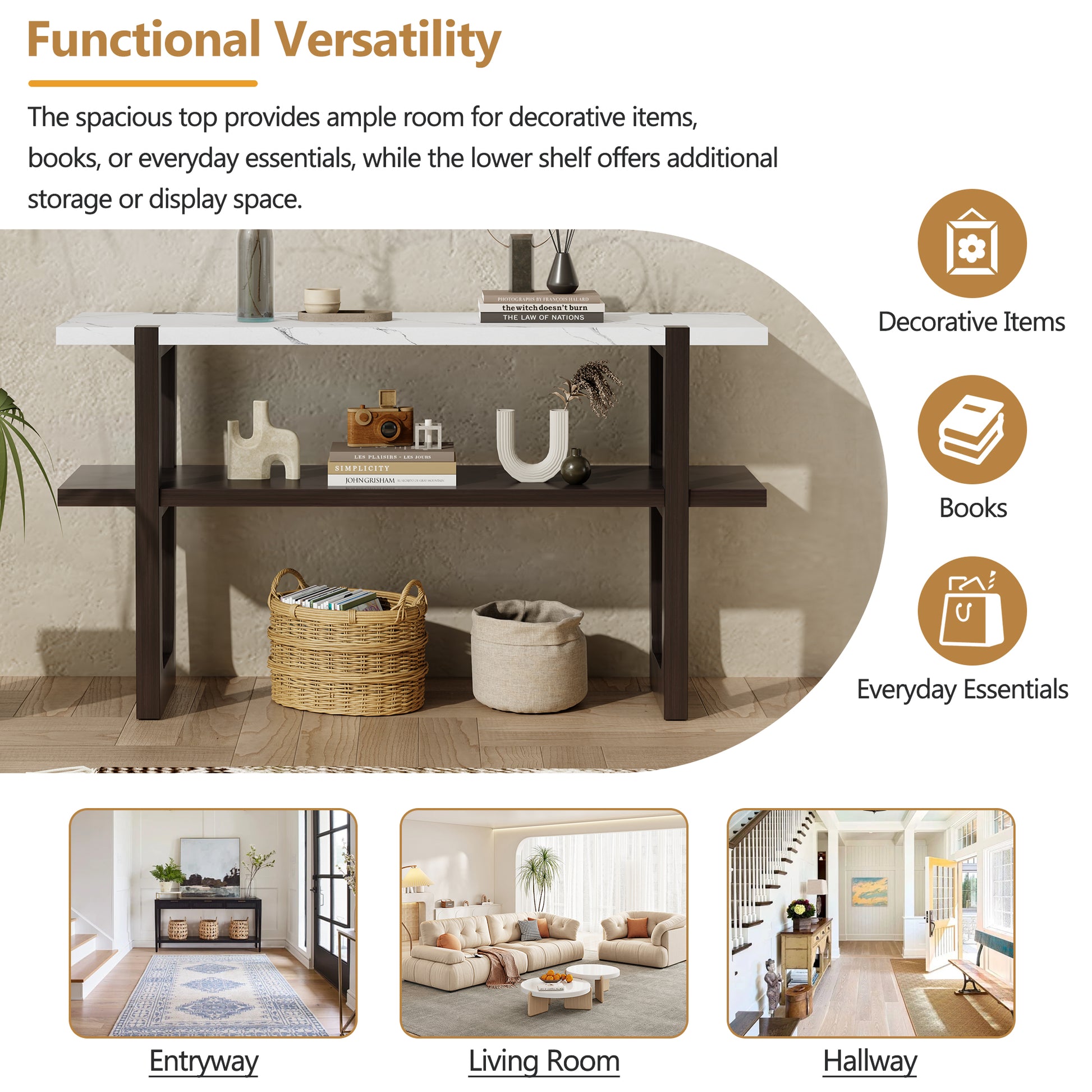 Retro Elegant Console Table With Marble Effect Top And Versatile Storage Solutions For Entryway And Living Room Espresso Espresso Solid Wood Mdf