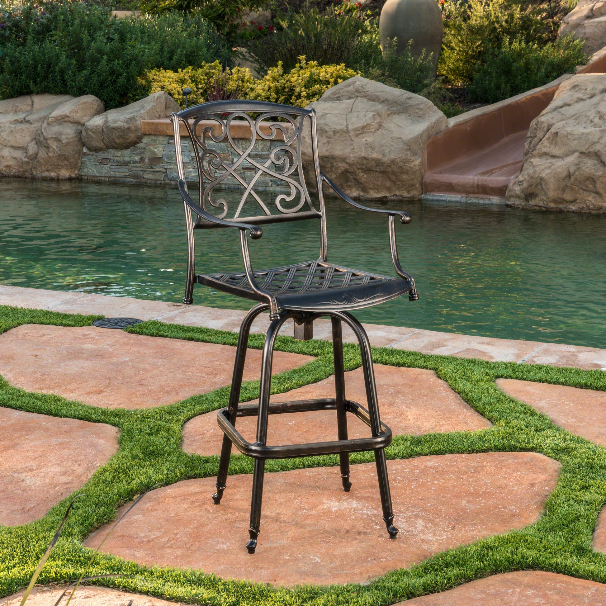 Waterbury Cast Barstool Copper Mildew Resistant Cushion Garden & Outdoor Antique,Casual,Classic Metal