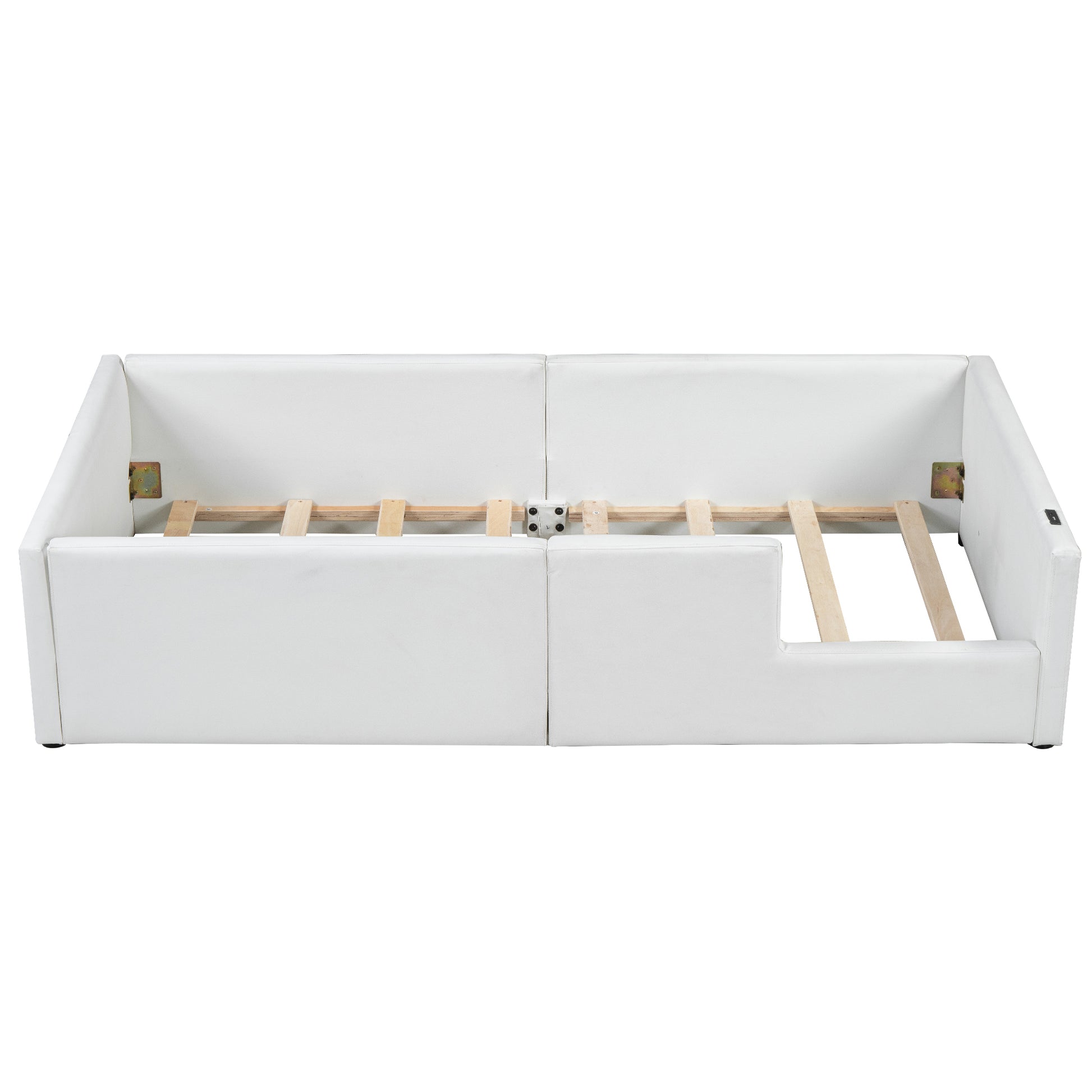 Twin Size Upholstered Platform Bed With Guardrail And Charging Station, White Box Spring Not Required Twin White Upholstered