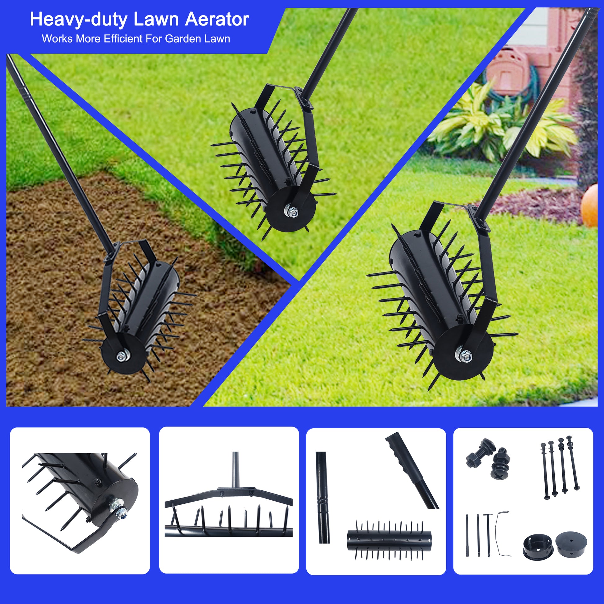 Rolling Manual Lawn Aerator, Home Aerator Lawn Tool Pusher, 58 Inch Handle Push Lawn Aerator For Lawns, Yards And Gardens Black Iron