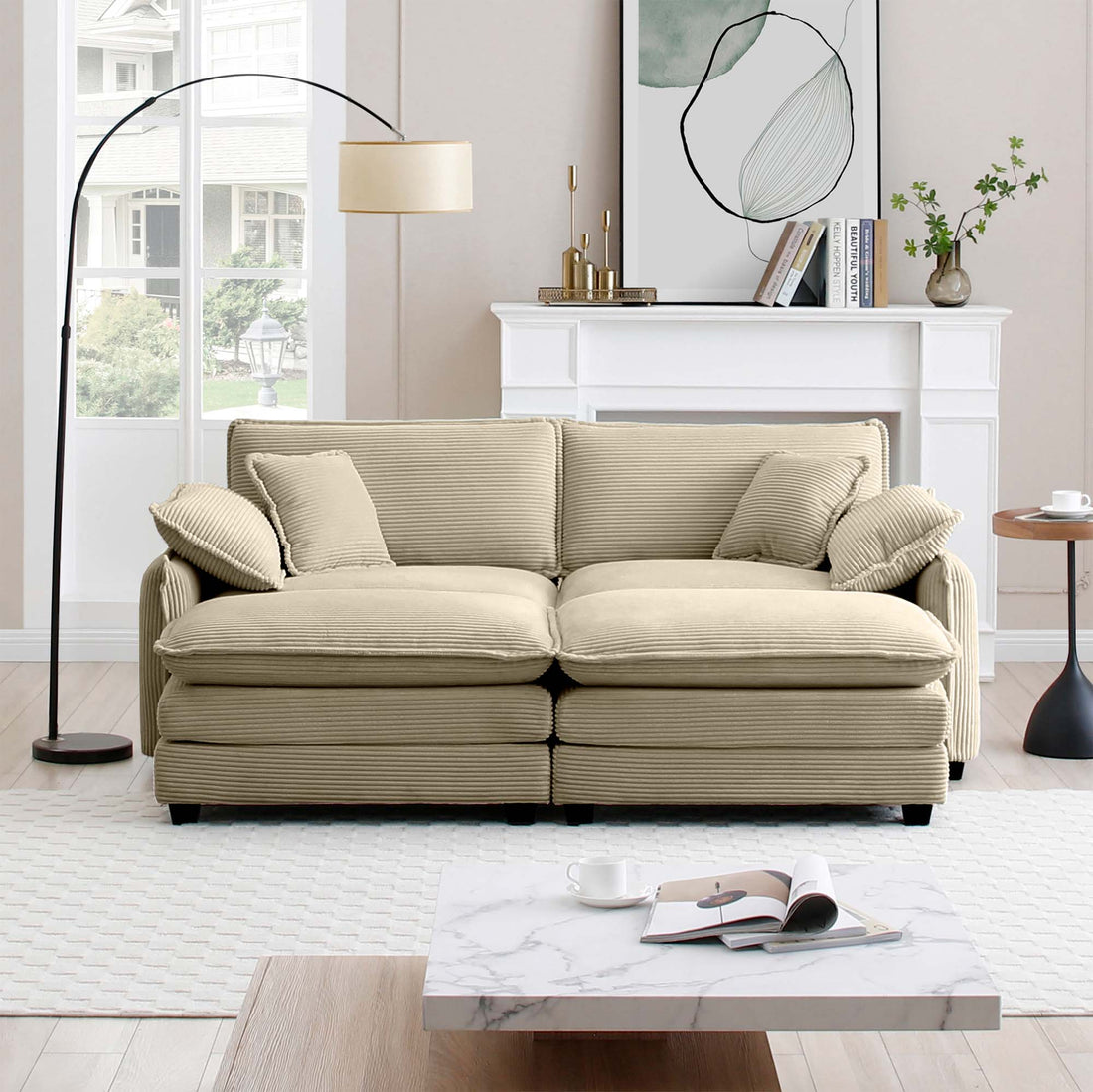 Two Seater Theater Sofa With 2 Footrest, 2 Seater Sofa With Ottoman For Small Living Spaces,Tan Corduroy Tan Corduroy 2 Seat