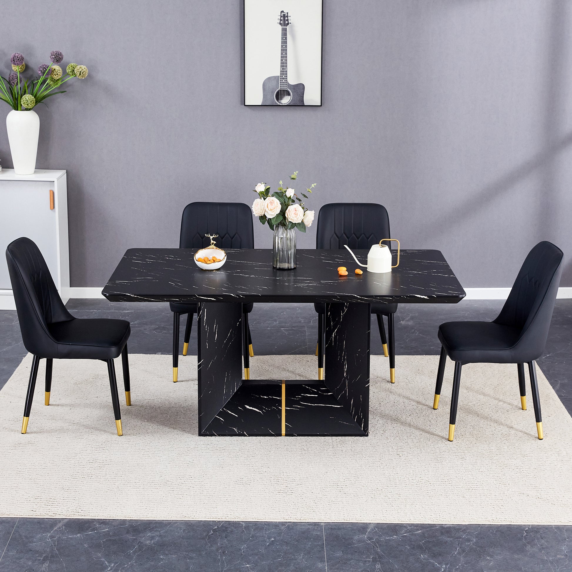 Table And Chair Set.This Modern Dining Table With Mdf Marbled Design Gives You A Luxurious And Elegant Feel.Paired With Multiple Chairs With Pu Artificial Leather Backrest Cushions And Black Legs. Black Seats 4 Mdf