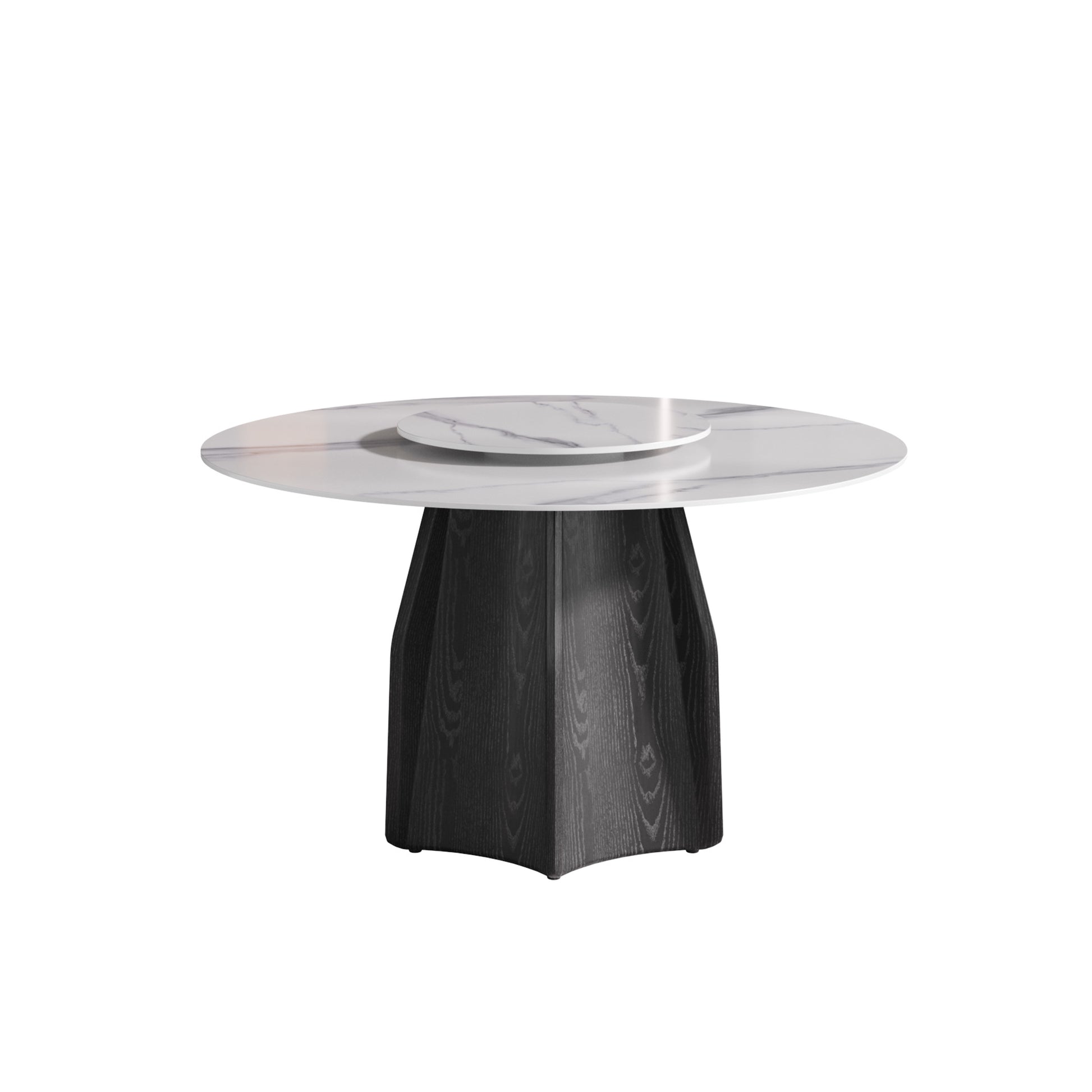 53" Round Marble Dining Table With Black Textured Solid Wood Base, Artificial Marble For 6 People, 23.62"White Artificial Stone Turntable,White Dining Table Only White Dining Room Modern Round Metal