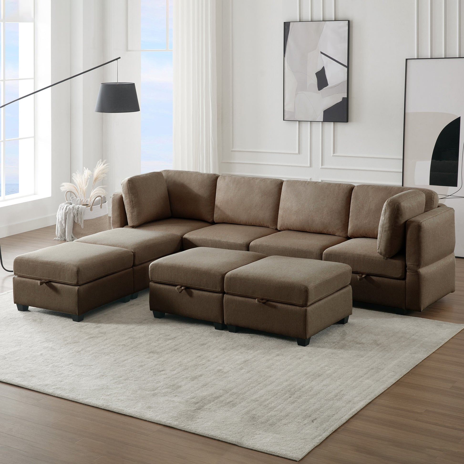 Adjustable Arms And Backs Sectional Sofa, Modern Sectional Couch U Shaped Sofa Couch With Storage Ottoman, Sofa With Convertible Chaise Brown Brown Polyester 4 Seat