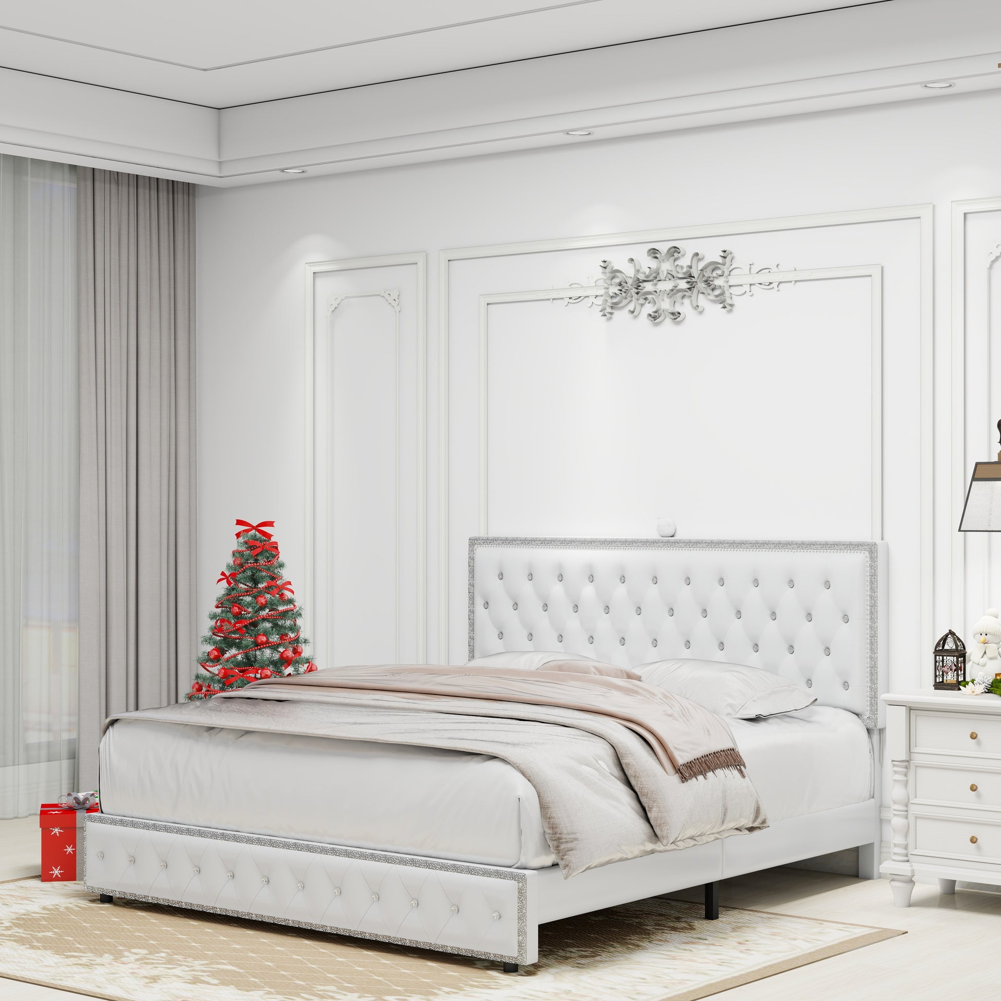 Queen Size Bed Frame With Star Projector Galaxy Light, Adjustable Upholstered Headboard With Diamond Button, Usb Charger, Music Speaker, Pu Leather White Pu Mdf Metal
