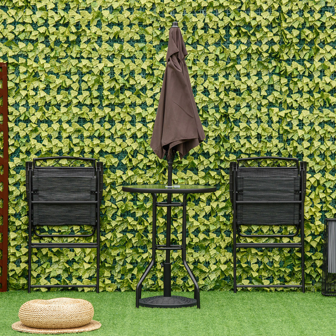 Outsunny 4 Piece Outdoor Patio Dining Furniture Set, 2 Folding Chairs, Adjustable Angle Umbrella, Wave Textured Tempered Glass Dinner Table, Black Black Steel