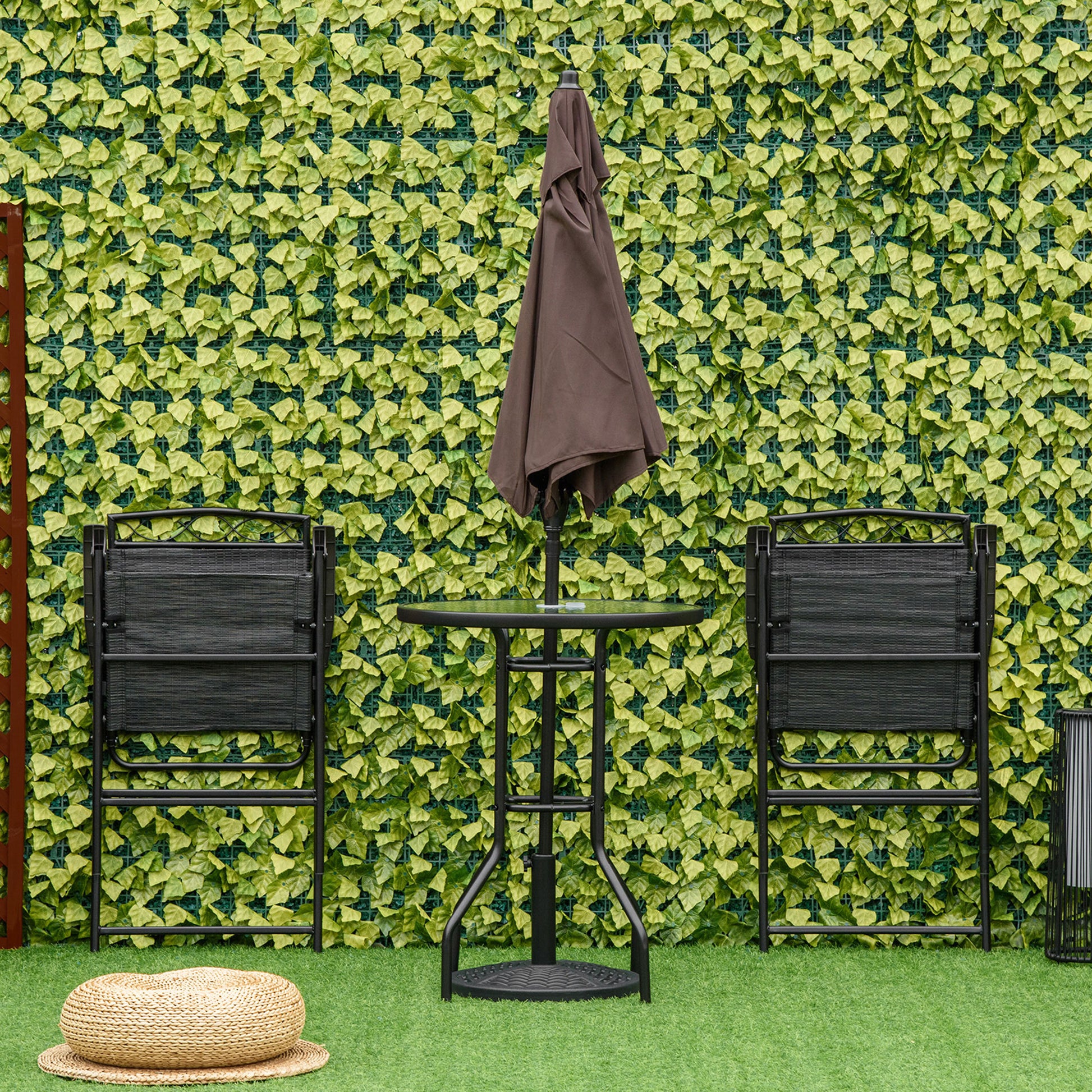 Outsunny 4 Piece Outdoor Patio Dining Furniture Set, 2 Folding Chairs, Adjustable Angle Umbrella, Wave Textured Tempered Glass Dinner Table, Black Black Steel