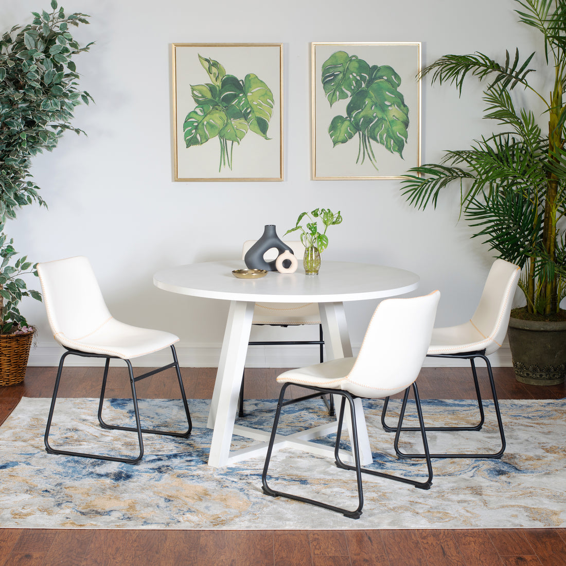 Varna 5 Piece Round Dining Set, Trestle Dining Table With 4 Stylish Chairs Wood White Seats 4 White Wood Fixed Table Rubberwood Round Round Dining Table With Chair Mdf Metal