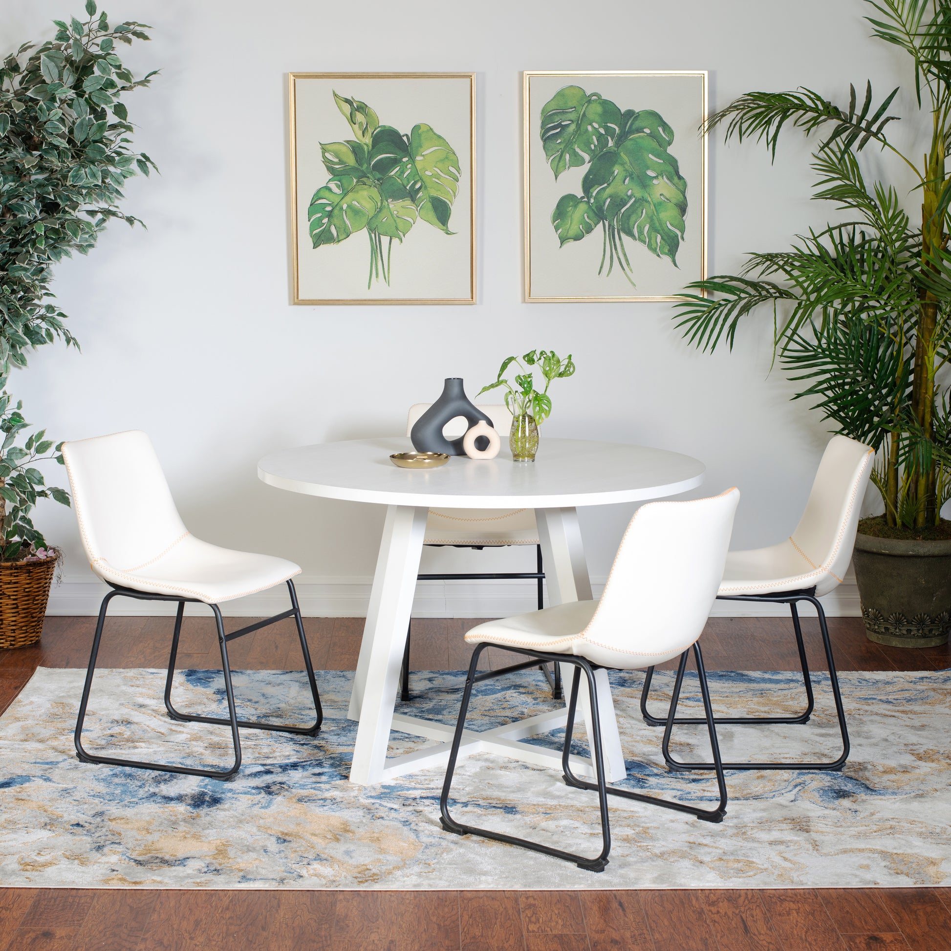 Varna 5 Piece Round Dining Set, Trestle Dining Table With 4 Stylish Chairs Wood White Seats 4 White Wood Fixed Table Rubberwood Round Round Dining Table With Chair Mdf Metal