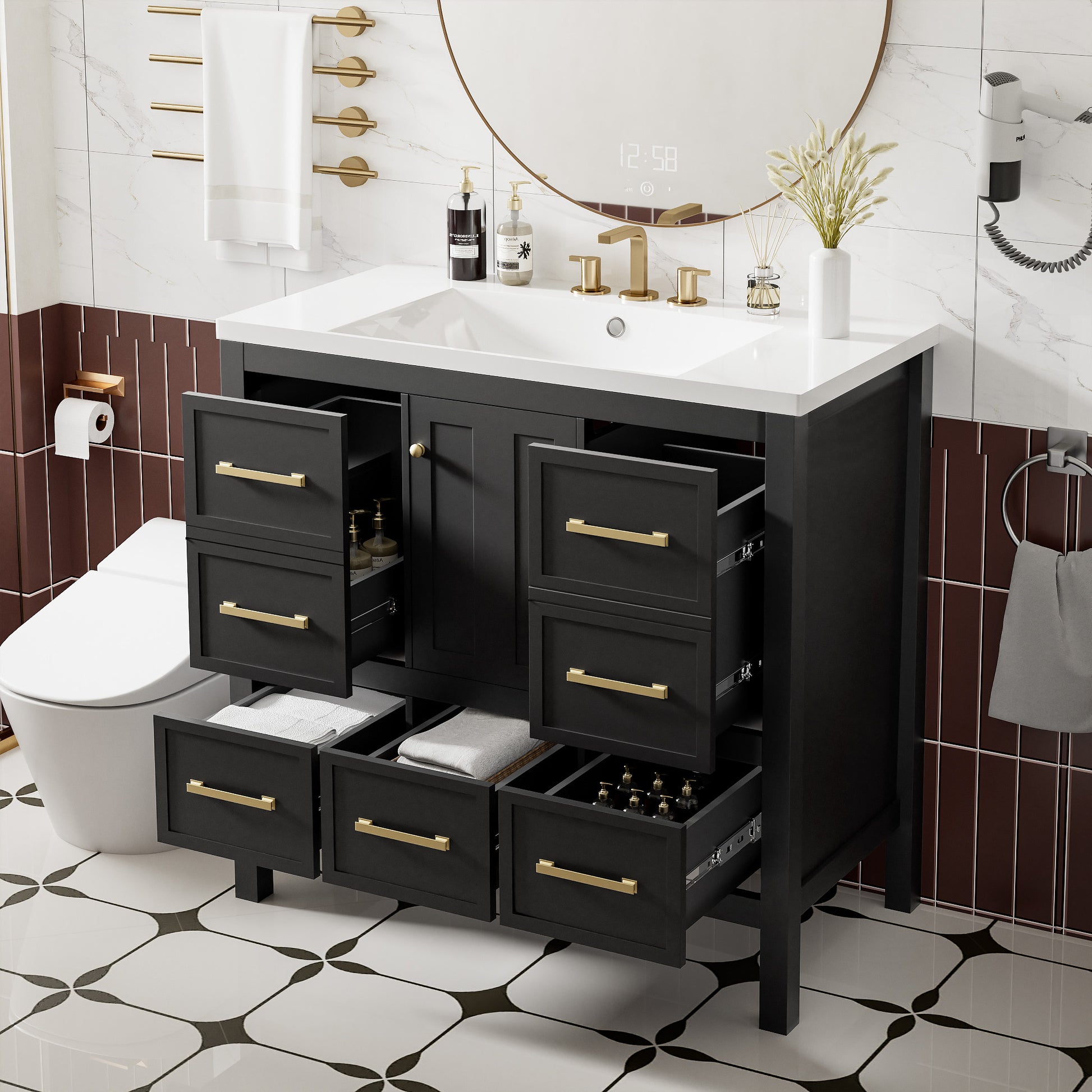 36'' Bathroom Vanity With Resin Sink Combo, Solid Wood Frame Bathroom Storage Cabinet, Freestanding Vanity Set With 5 Drawers& Soft Closing Doors Same As Sw000142Aab Black Bathroom Solid Wood Mdf Resin