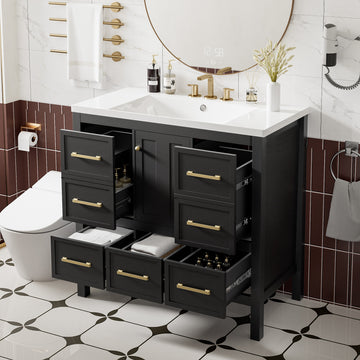 36'' Bathroom Vanity With Resin Sink Combo, Solid Wood Frame Bathroom Storage Cabinet, Freestanding Vanity Set With 5 Drawers& Soft Closing Doors Same As Sw000142Aab Black Bathroom Solid Wood Mdf Resin