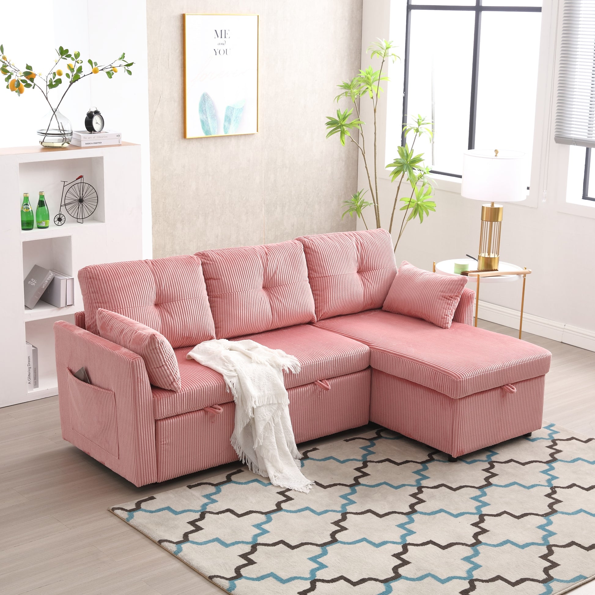 United We Win Furniture, Modular L Shaped Sofa, Modular Long Sofa With Reversible Chaise Lounge, Sofa Bed, Sleeper Sofa, Modular Sofa Combination With Storage Seats. Pink Velvet 3 Seat