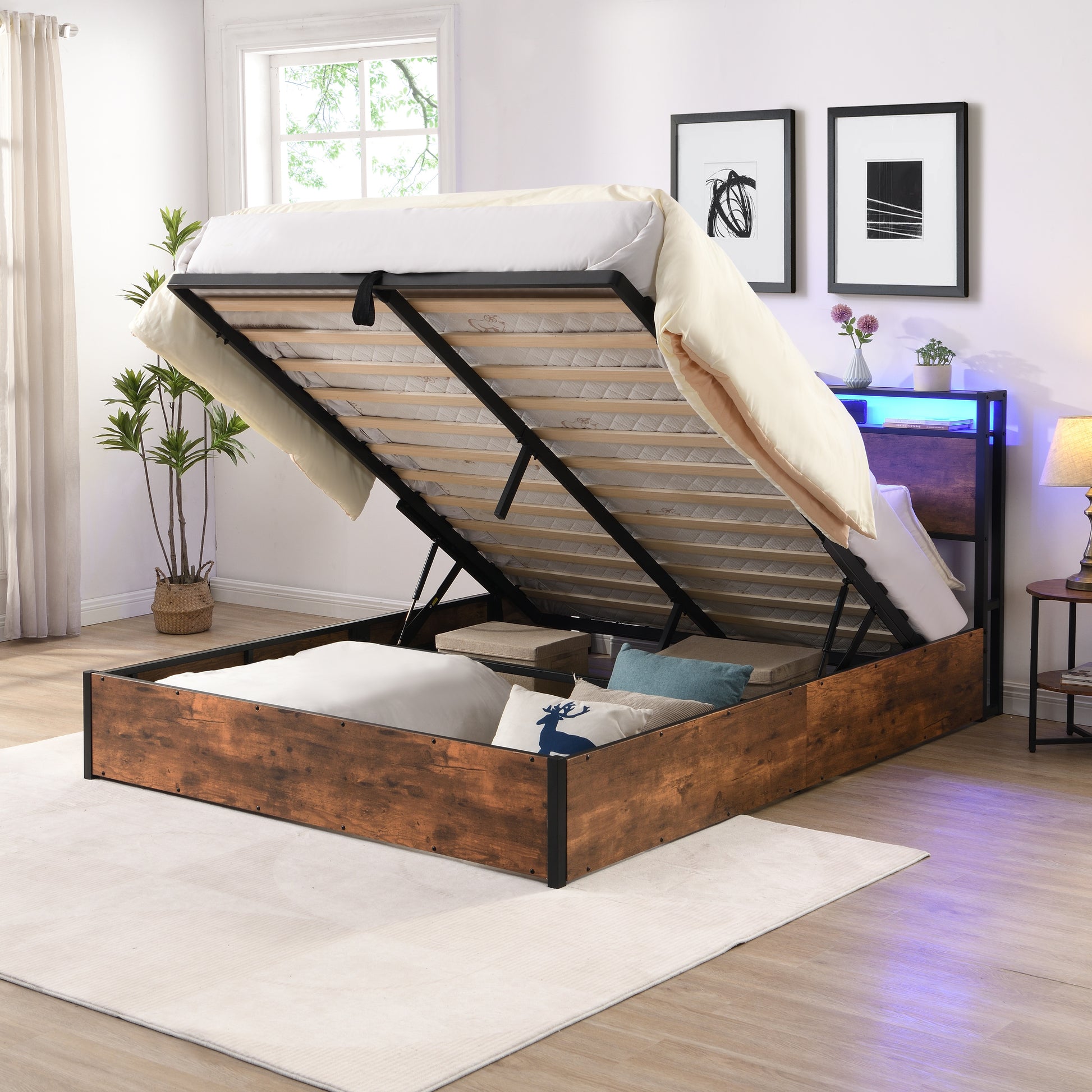 Lift Up Storage Bed Frame, Queen Size Bed Frame With Bookcase Headboard & Led Lights, Wooden Platform Bed Frame With Charging Station, No Spring Box Needed, Rustic Brown Box Spring Not Required Queen Rustic Brown Metal Brown Bedroom Industrial Bed Frame