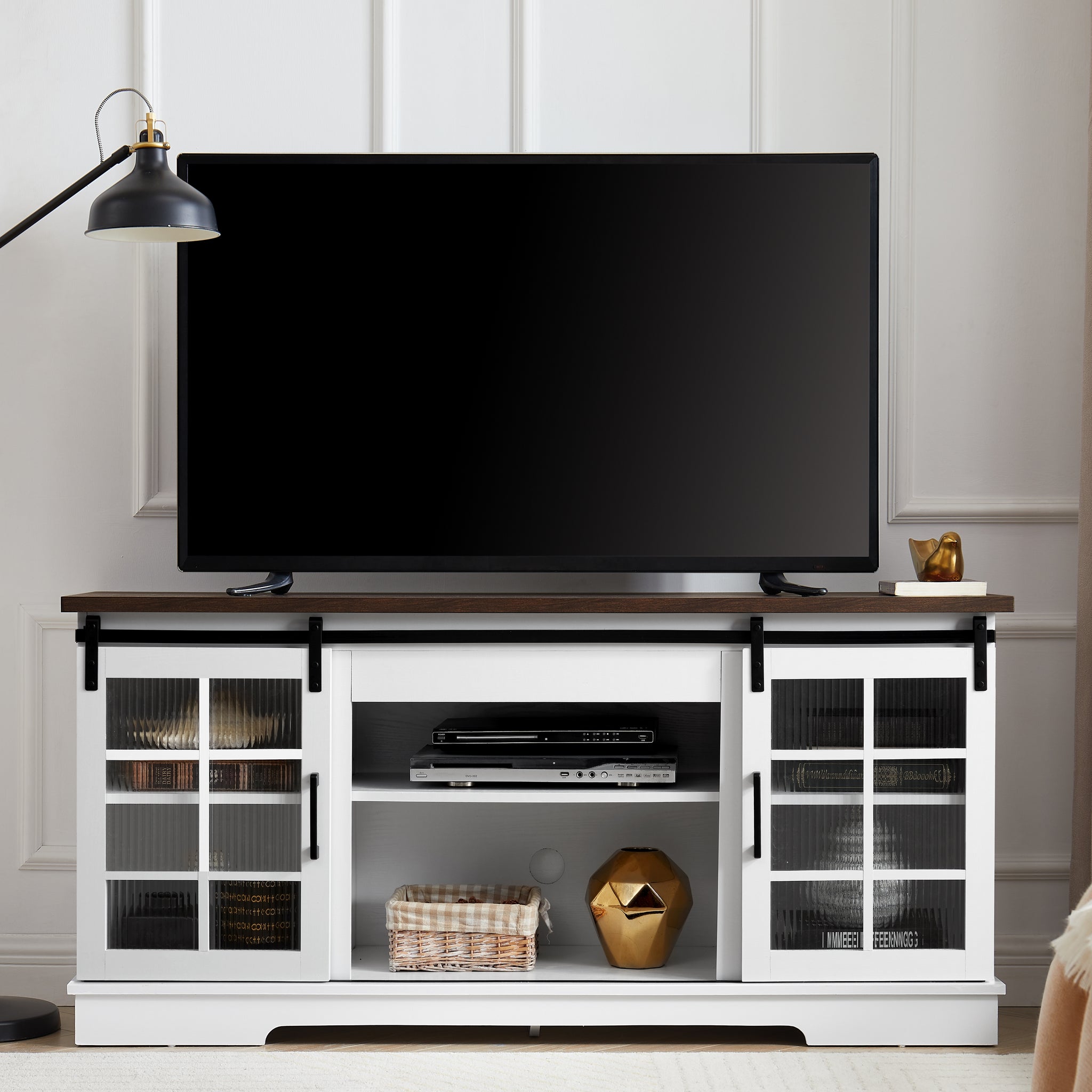 Multipurpose Sliding Door Tv Cabinet Large Storage Cabinet With 2 Sliding Glass Doors, Tv Desk Storage Rack, Adjustable Shelves For Tvs Up To 65", White Brown, 59.13"W*15.94"D*27.8"H White 60 69 Inches Mdf