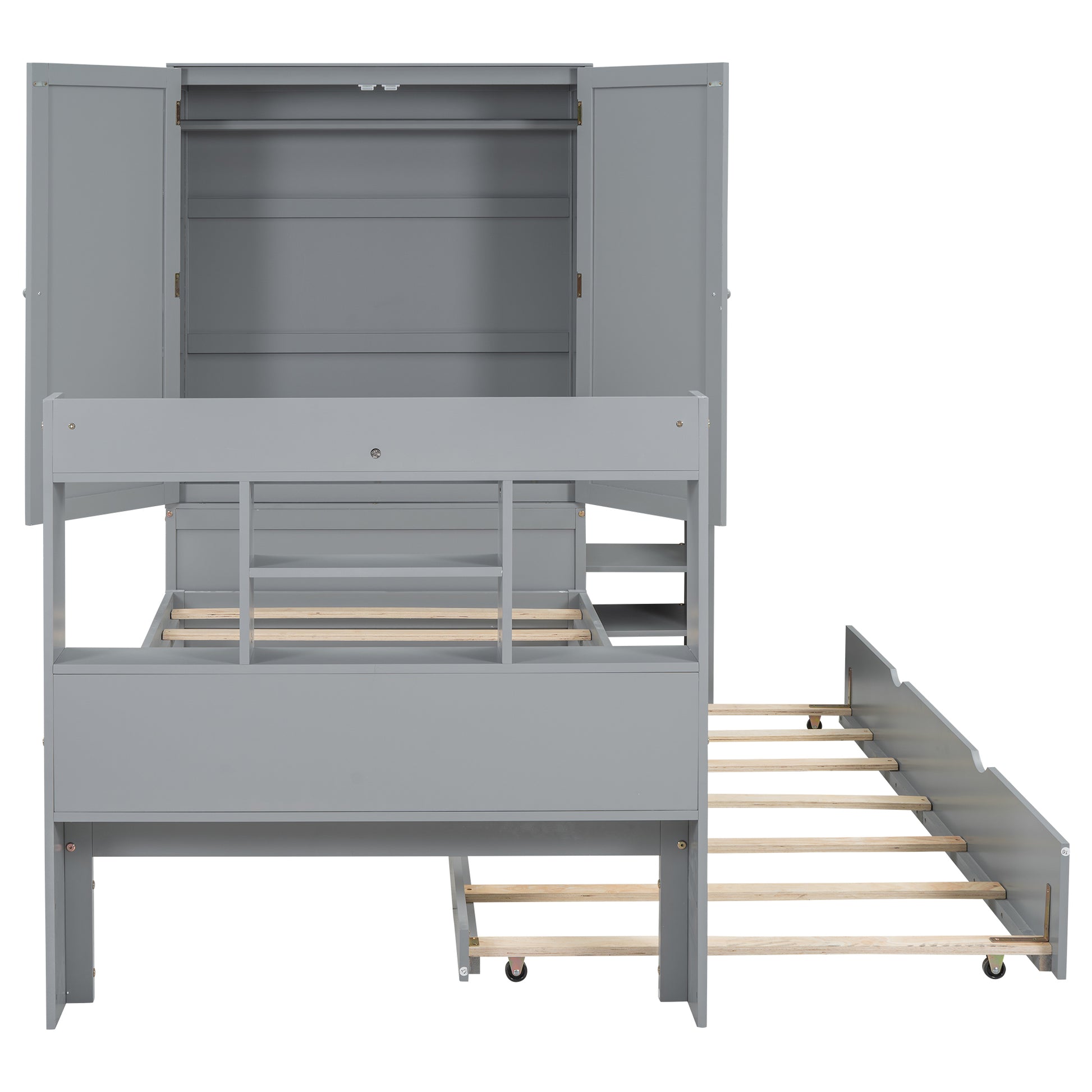 Twin Size Platform Bed With Storage Headboard And Footboard, Pull Out Shelves And Twin Size Trundle, Gray Box Spring Not Required Twin Gray Wood Bedroom Bed Frame Solid Wood Mdf