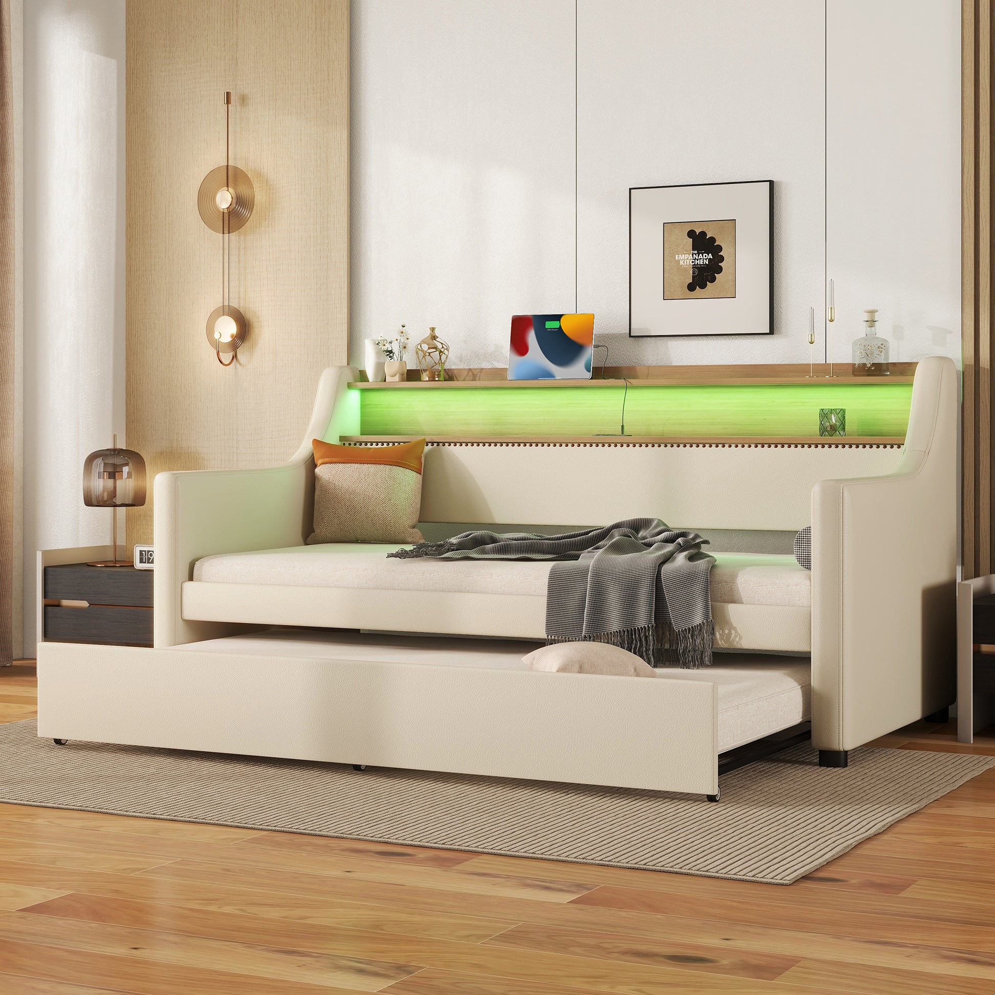 Twin Size Daybed With Trundle, Upholstered Daybed With Charging Station And Led Lights, Beige Expect Arrive Date:May 20Th. Twin Beige Pu Leather