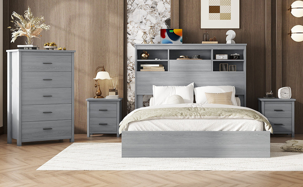 4 Pieces Bedroom Sets Queen Size Vintage Wooden Bed Frame With 2 Nightstands And 1 Dresser,Light Gray Box Spring Not Required Queen Light Gray 4 Piece Set American Traditional Solid Wood Mdf