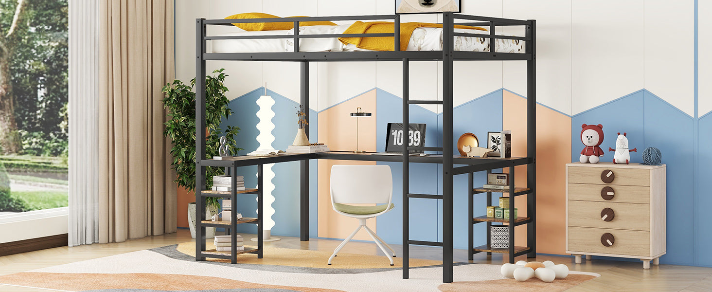 Full Xl Metal Loft Bed With Desk And Shelves, Loft Bed With Ladder And Guardrails, Loft Bed Frame For Bedroom, Black Full Xl Black Metal