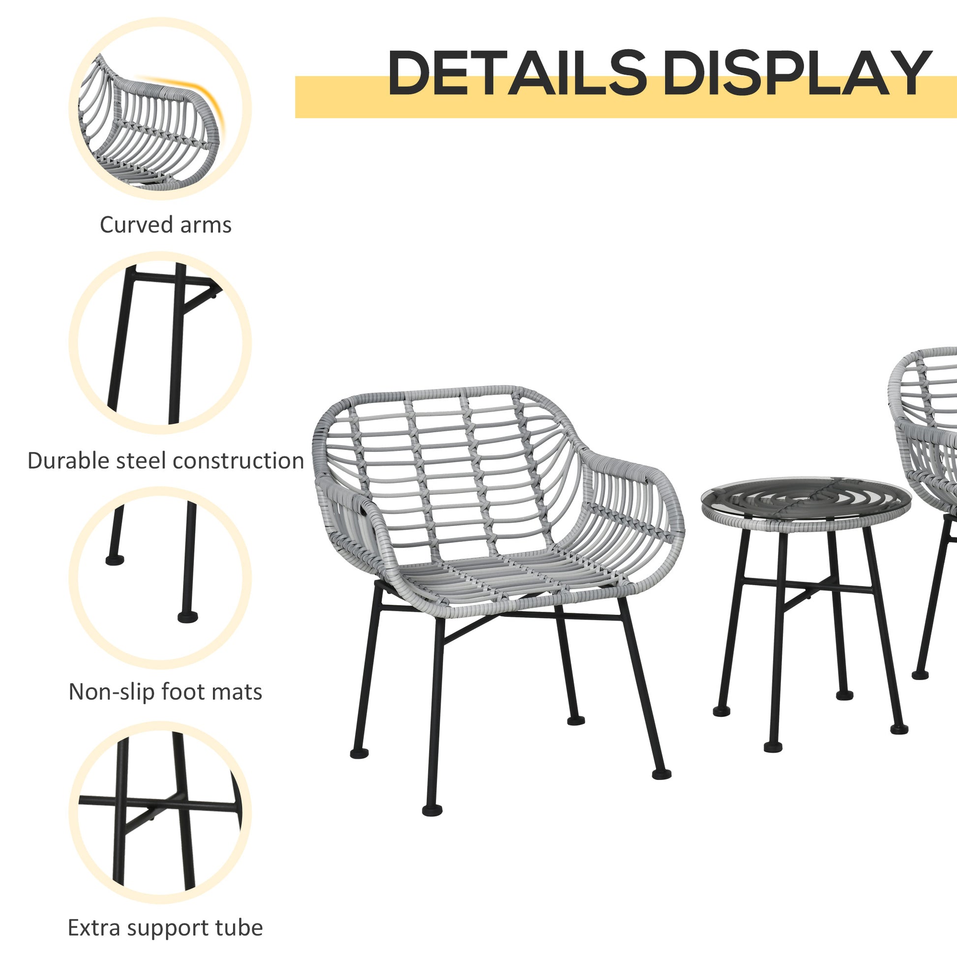 Outsunny 3 Piece Patio Set, Outdoor Bistro Furniture, Pe Rattan Wicker Table And Chairs, Cushioned, Hand Woven, Modern Look With Tempered Glass For Garden, Porch, Pool, Backyard, Cream White Gray White Matte Steel