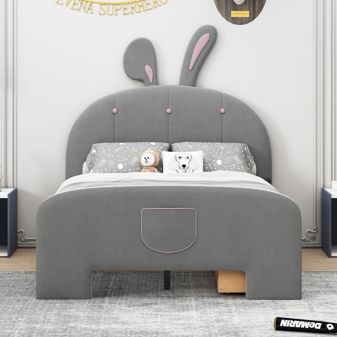 Full Size Velvet Platform Bed With Rabbit Shaped Headboard, With Drawers, With Bed End Storage Pocket, Gray Full Gray Plywood