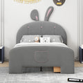 Full Size Velvet Platform Bed With Rabbit Shaped Headboard, With Drawers, With Bed End Storage Pocket, Gray Full Gray Plywood