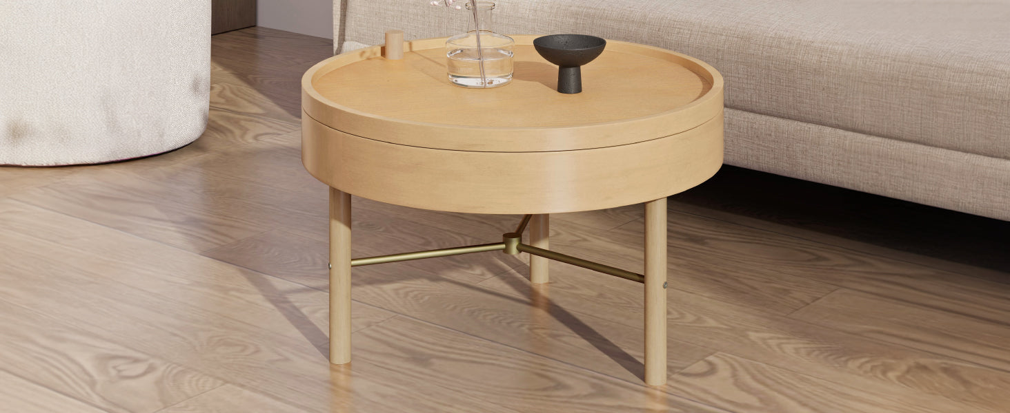 Modern Round Wood Rotating Tray Coffee Table With Storage & Metal Legs In Natural Natural Metal,Rubber Wood